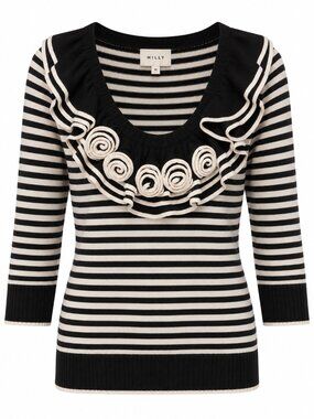MILLY Cashmere Silk Wool Sweater M Rosette Striped Ruffle Sleeve Luxury Knit